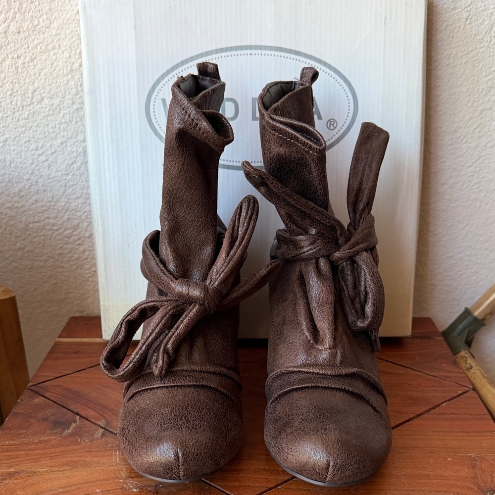 Wild Diva Brown Tie-Front Ankle Booties